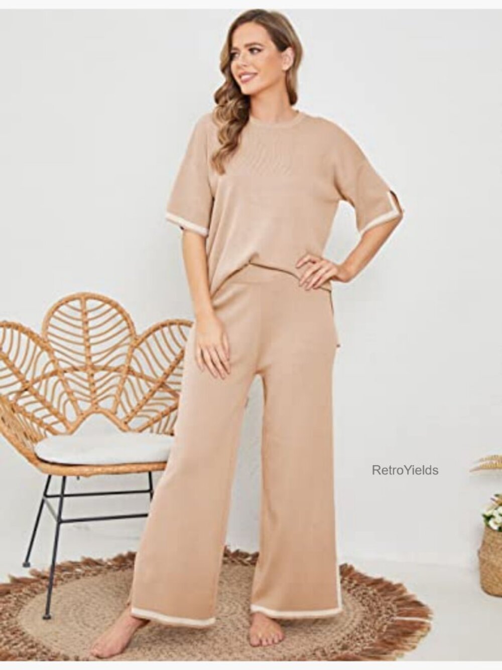 Women's 2-Piece Lounge Set Short Sleeve Knit Pullover Wide Leg Pants - Picture 3 of 7